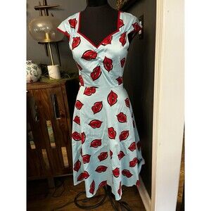 Lady Vintage London Dress S Baby Blue Lips Kiss Retro Rockabilly 1950s Stretch